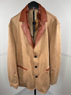 NWT Manly Men's Tan Suede Blazer Jacket Faux Leather Trim XL